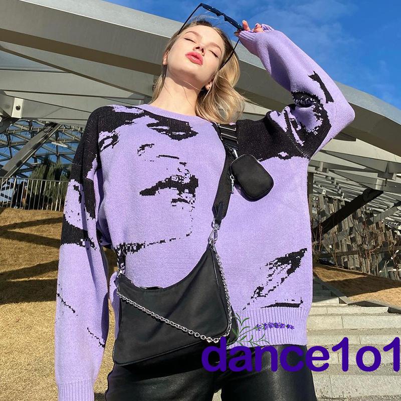 Áo Sweater Tay Dài Cổ Tròn Dáng Rộng In Hình Chân Dung Cho Nữ