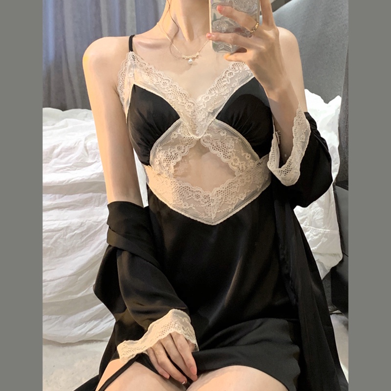 Đầm ngủ hai dây cổ chữ V viền ren phong cách Hàn Quốc quyến rũ cho nữ
