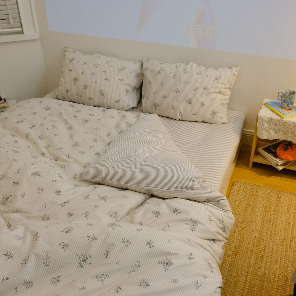 Bộ chăn ga và vỏ gối cotton living cao cấp Mùa Decor - Hoa Trắng Vintage