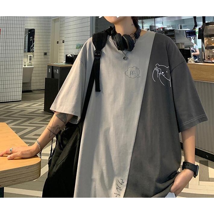 Áo Thun Ngắn Tay Dáng Rộng Phối Màu Tương Phản Thời Trang Hàn Quốc Cho Nam