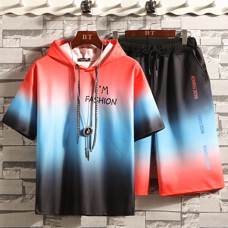 Thời trang mới Mens Áo trùm đầu thể thao Bộ đồ đẹp trai Dần dần đầy màu sắc Hip Hop ngắn tay áo thun