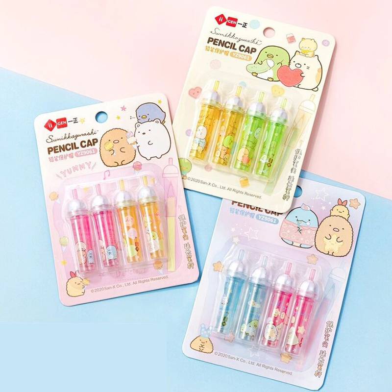 Set 4 nắp đậy bút chì hình thú đáng yêu San-X SUMIKKO GURASHI Cute Pencil Cap Colorful Plastic Pencil Protection Cap Kawaii Stationery Pencil Extender Pen Topper School Office Supplies kids gift