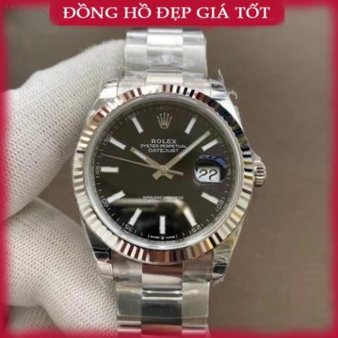 Đồng hồ Nam Ro-lex máy nhật dòng cơ Automatic size 41mm mặt đen vỏ trắng số gạch dây ba mắt WACH