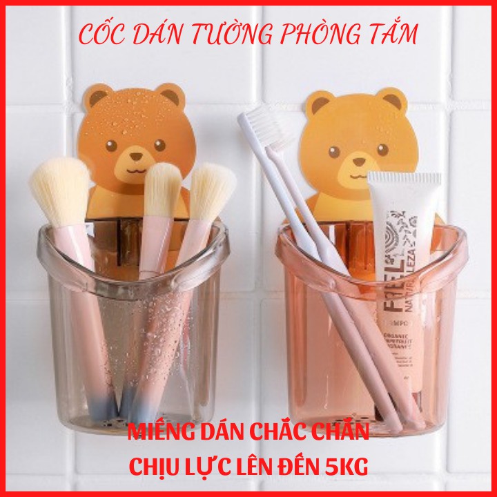 Cốc Gấu Dán Tường Phòng Tắm, Cốc Đựng Bàn Chải, Kem Đánh Răng Cute Hình Gấu Gắn Tường Có Lỗ Thoát Nước Tiện Lợi