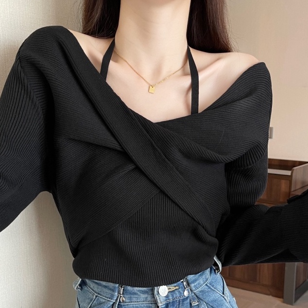 【ZHELIHANGFEI】Áo Dệt Kim Tay Dài Cổ Chữ V Giả Hai Lớp Thời Trang Cá Tính Trẻ Trung