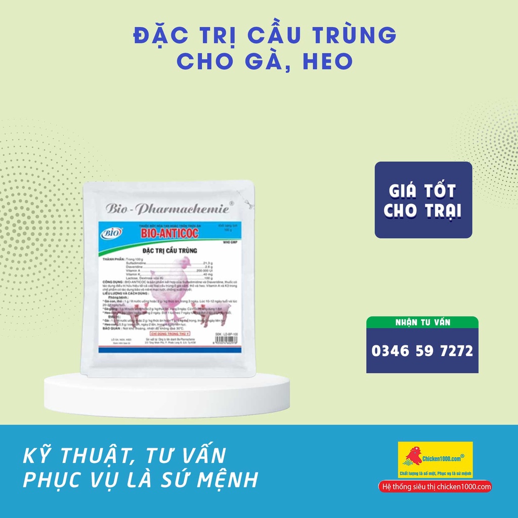 Bio Anticoc 100g phòng cầu trùng, xuất huyết trên gà, vịt, heo thỏ
