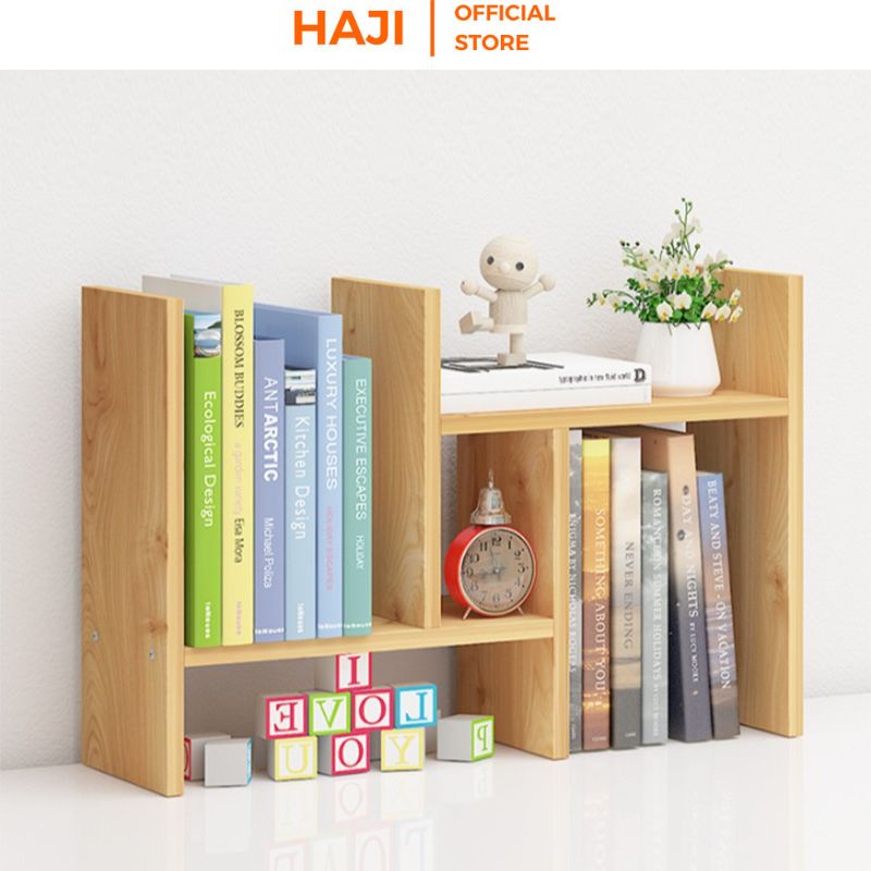 Kệ sách gỗ mini để bàn đa ngăn tiện lợi, Kệ gỗ trang trí phong cách Vintage hiện đại xinh xắn thương hiệu HAJI A62