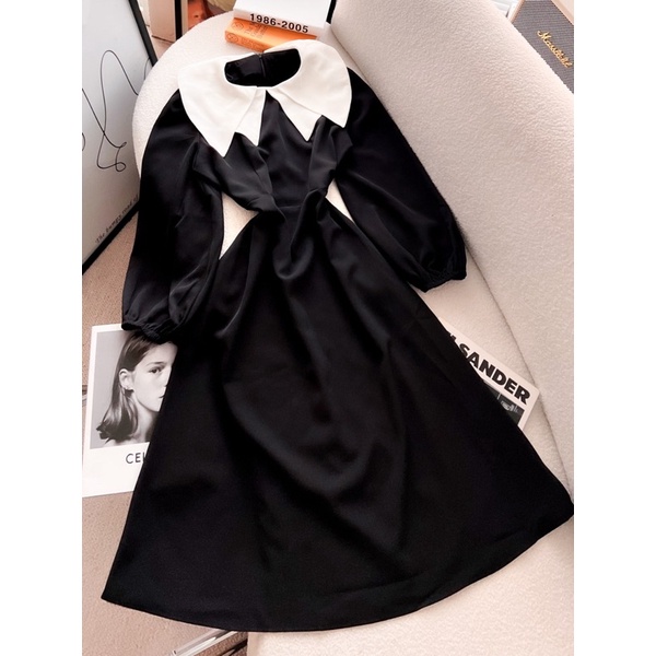 ĐẦM ĐEN TAY DÀI BO MIDI CỔ ĐÔI TRẮNG