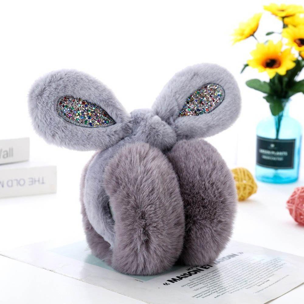 Chụp Tai Giữ Ấm Hình Thỏ Đính Kim Sa Mềm Mại Màu Trơn Thời Trang Mùa Đông Cho Nữ