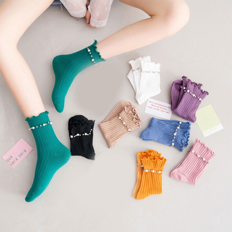 Xiangbao Vớ Cotton Cổ Thuyền Có Gân Đính Ngọc Trai Giả Ngọt Ngào Phong Cách Nhật Bản Cho Nữ