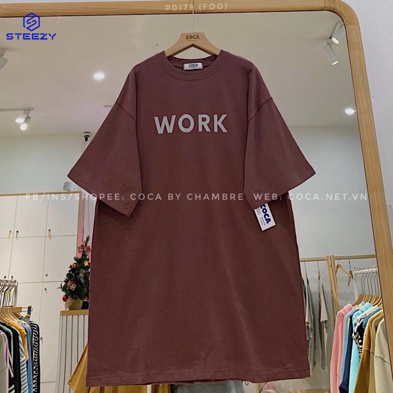 ⌛️ Áo thun cotton mặt lông dày in chữ WORK form rộng bảng 8 màu vintage
