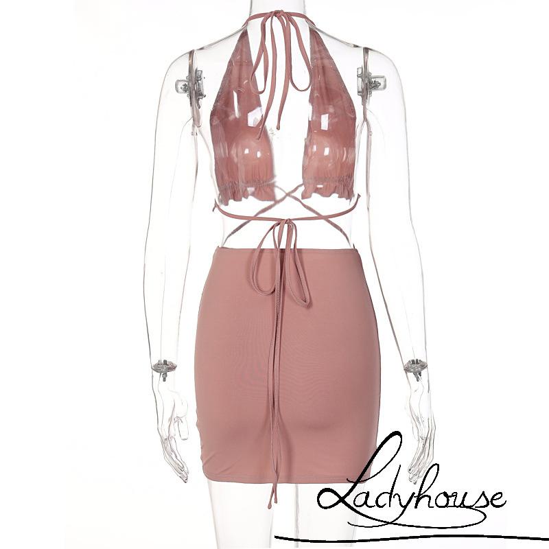 Ldd-bộ 2 Món Áo Croptop Hai Dây + Chân Váy Ngắn Eo Cao Thắt Nơ Màu Trơn Cho Nữ Dự Tiệc/Tiệc Tùng/Tiệc Tùng