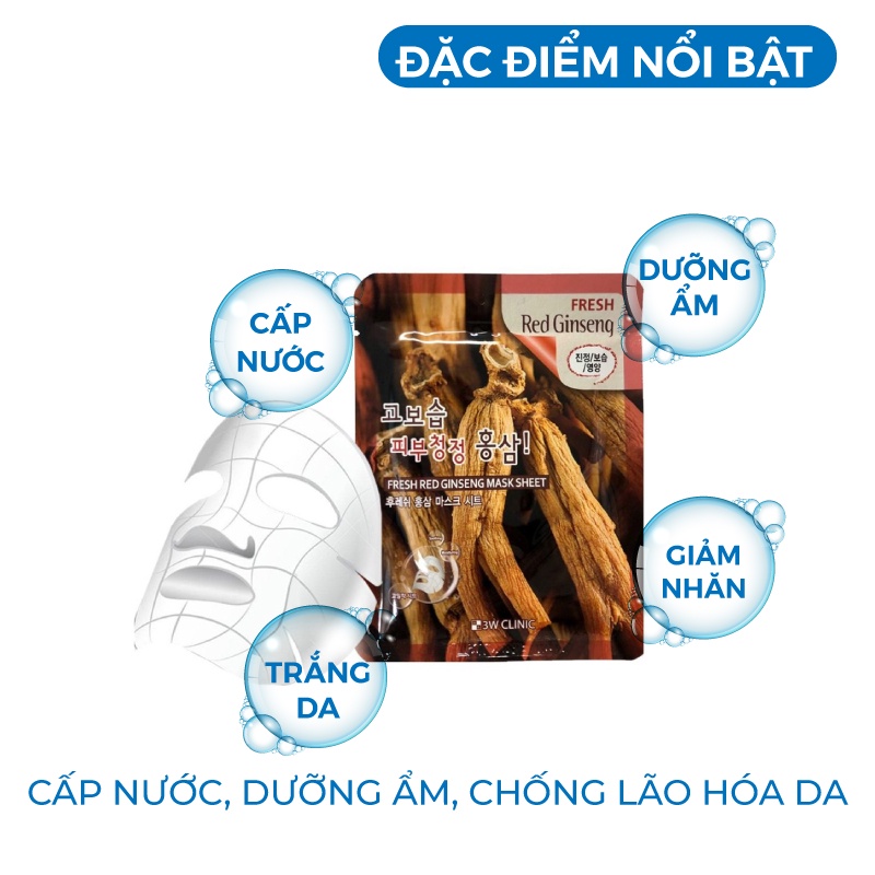 Mặt nạ giấy - Mặt nạ dưỡng da chiết xuất từ nhân sâm 3W Clinic Hàn Quốc [ Combo 10 Túi / Hàng Nhập Khẩu Hàn Quốc]