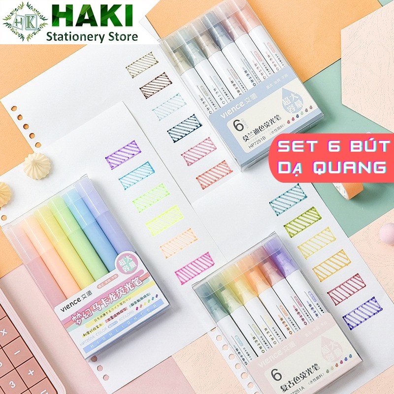 Bút dạ quang 6 màu highlight pastel HAKI, bút đánh dấu nhớ dòng cute nhiều màu marker dễ thương B04