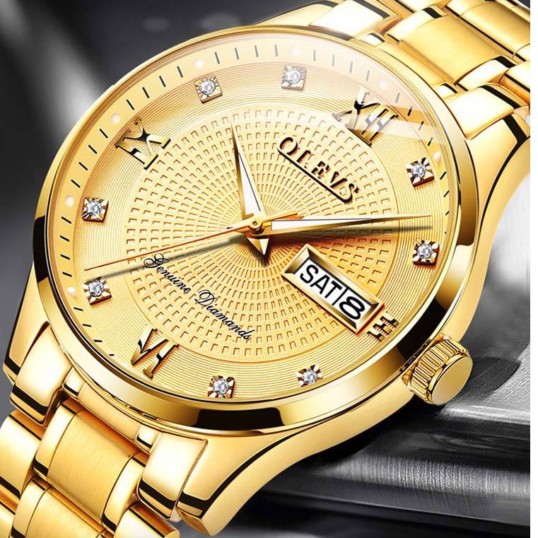 Đồng hồ nam OLEVS chính hãng Fullbox, dây thép đúc mạ kim, mặt đính đá sang trọng - OLES