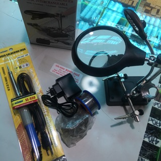 Bộ combo 1 mỏ hàn , 1 cuộn thiếc , 1 bộ kính lúp+đế gác mỏ hàn , 1 viên nhựa thông