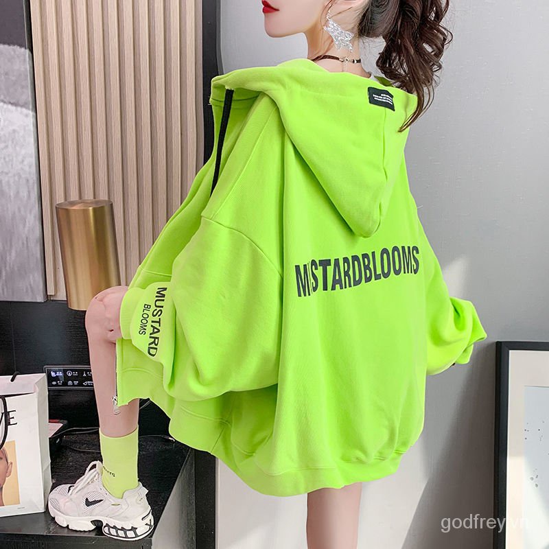 Áo khoác cardigan dáng rộng phối khóa kéo màu xanh lá phong cách phương Tây thời trang xuân thu Hàn Quốc 2022 15 màu lựa chọn