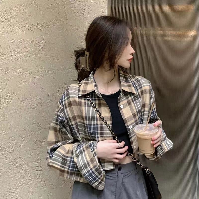 Áo khoác sơ mi croptop Caro dài tay phong cách Hàn Quốc cho nữ Famos