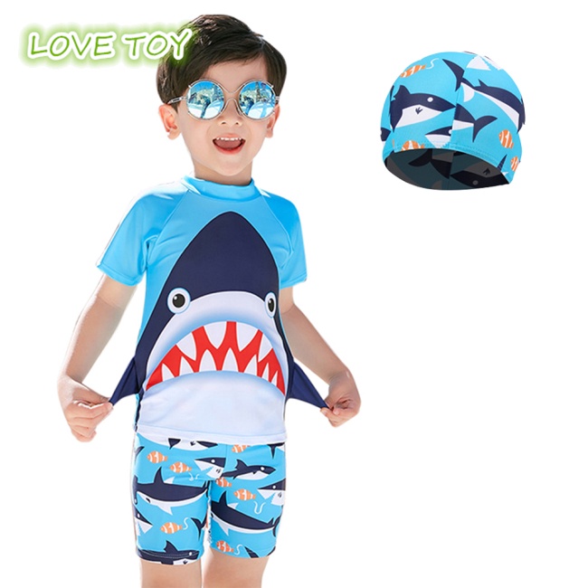 Set Đồ Bơi 3 Món Gồm Quần Short + Mũ In Hình Cá Mập Hoạt Hình Nhanh Khô Chống Nắng Dành Cho Bé Trai