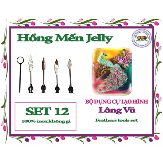 Set 12-Bộ Kim Làm Thạch 3D Lông Vũ chim Công 5kim Hồng Mến Jelly