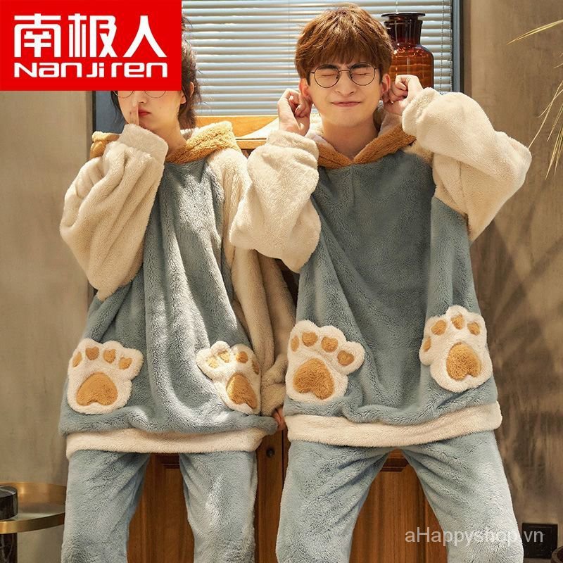 Bộ đồ ngủ vải nhung san hô lông cừu dày giữ ấm thời trang thu đông cho nam và nữ