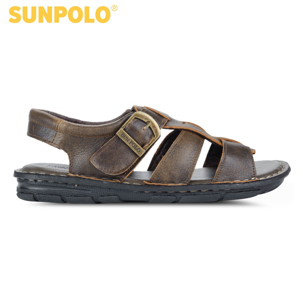 Sandal Nam Da Bò Cao Cấp SUNPOLO Nâu Đen SUSDA1ND - Có Big size 44 45