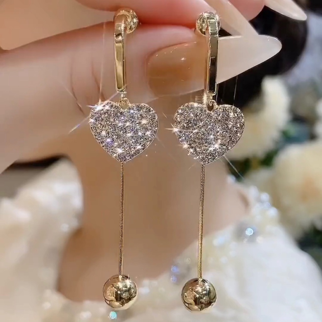 Bông Tai Mạ Bạc 925 Dát Kim Cương Hình Trái Tim Phối Tua Rua Lưng Ngọt Ngào Thời Trang 2022 Cho Nữ