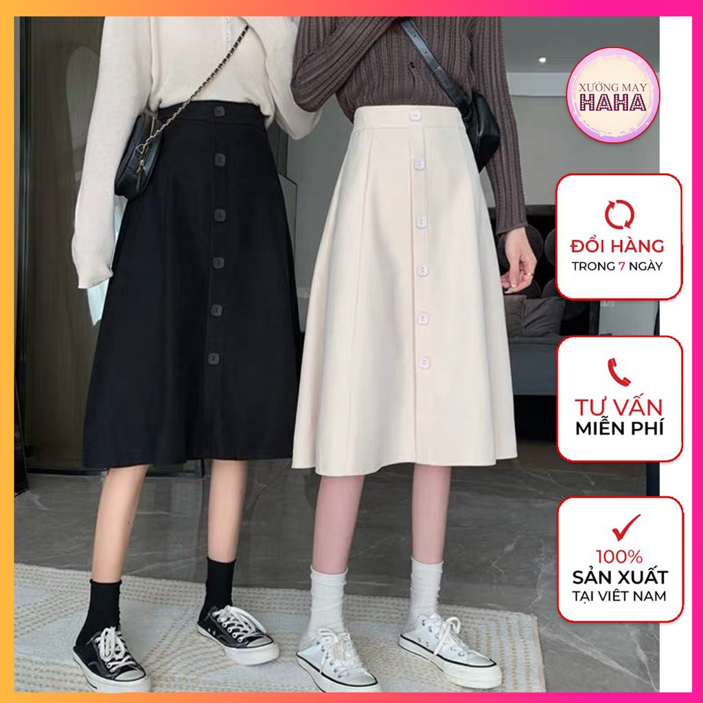 Chân váy dài midi đính cúc dáng xoè, chân váy công sở dài qua gối
