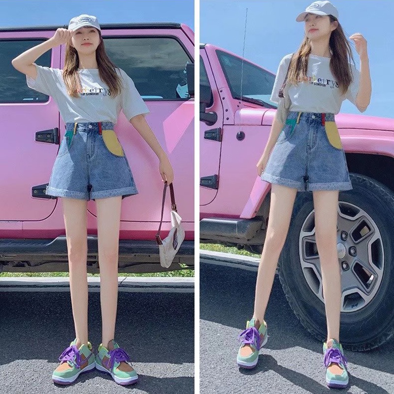 Quần đùi IELGY denim lưng cao ống rộng size lớn thời trang dành cho nữ