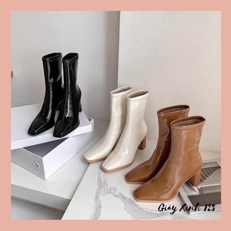 Bốt Nữ Boot Da Bóng Gót Vuông Kẻ Vằn 7cm