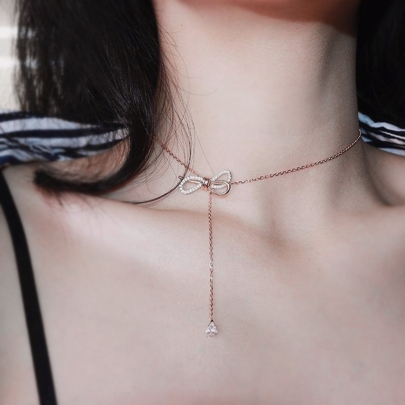 Dây chuyền ngắn mặt hình nơ phối tua rua dài màu vàng hồng phong cách mori Hàn Quốc chống nước/mồ hôi dễ phối đồ cho nữ