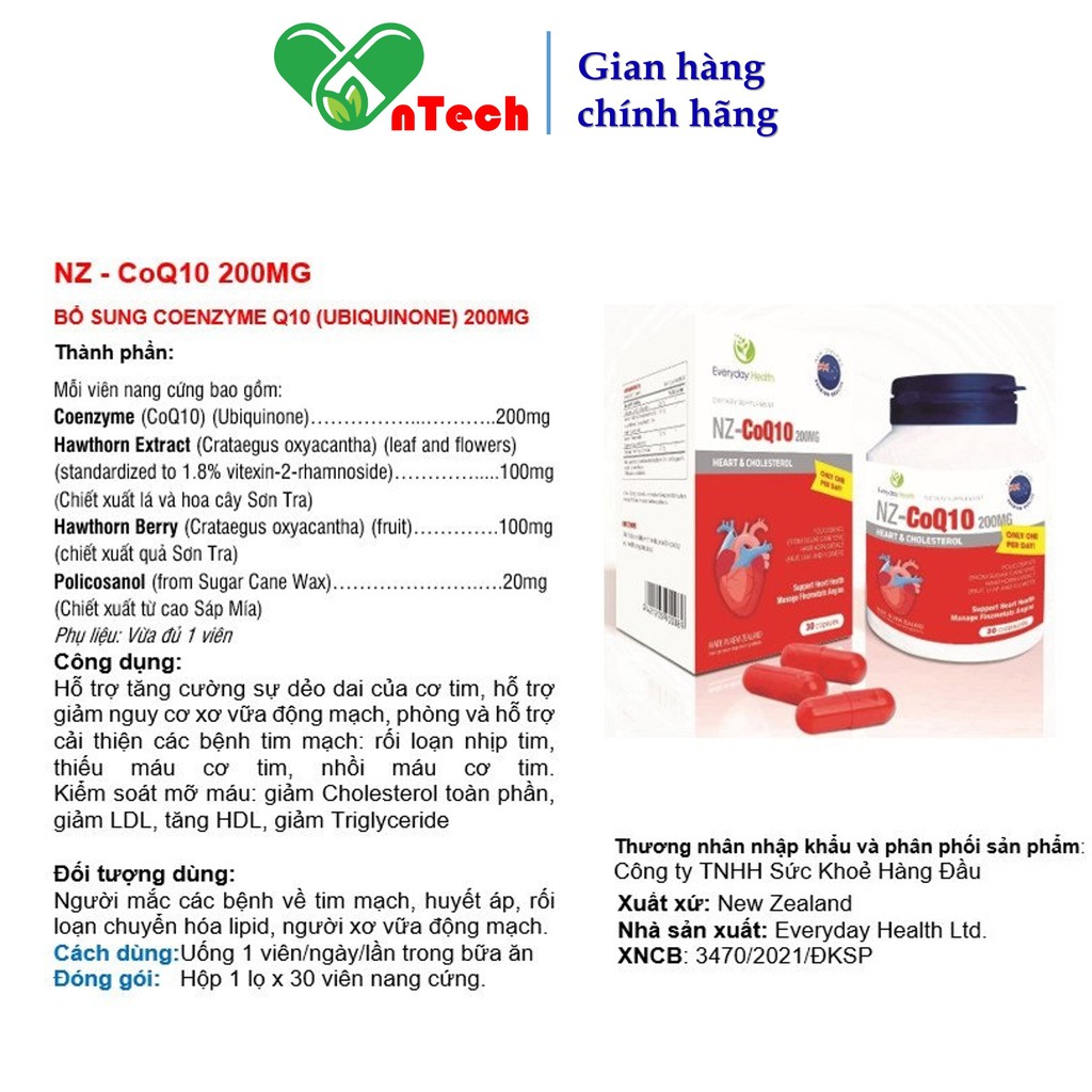 Bổ tim Everyday Health CoQ10 phòng và hỗ trợ cải thiện các bệnh tim mạch rối loạn nhịp tim nhồi máu cơ tim hộp 30 viên