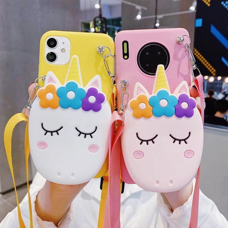 vỏ điện thoại Samsung galaxy S6 S7 edge S8 S9 S10 Plus Note10 Lite 2020 A81 A91 Note8 Note9 Cartoon Soft TPU Coin Back Cover Cute 3D Unicorn Wallet Bags Phone Case With Lanyard