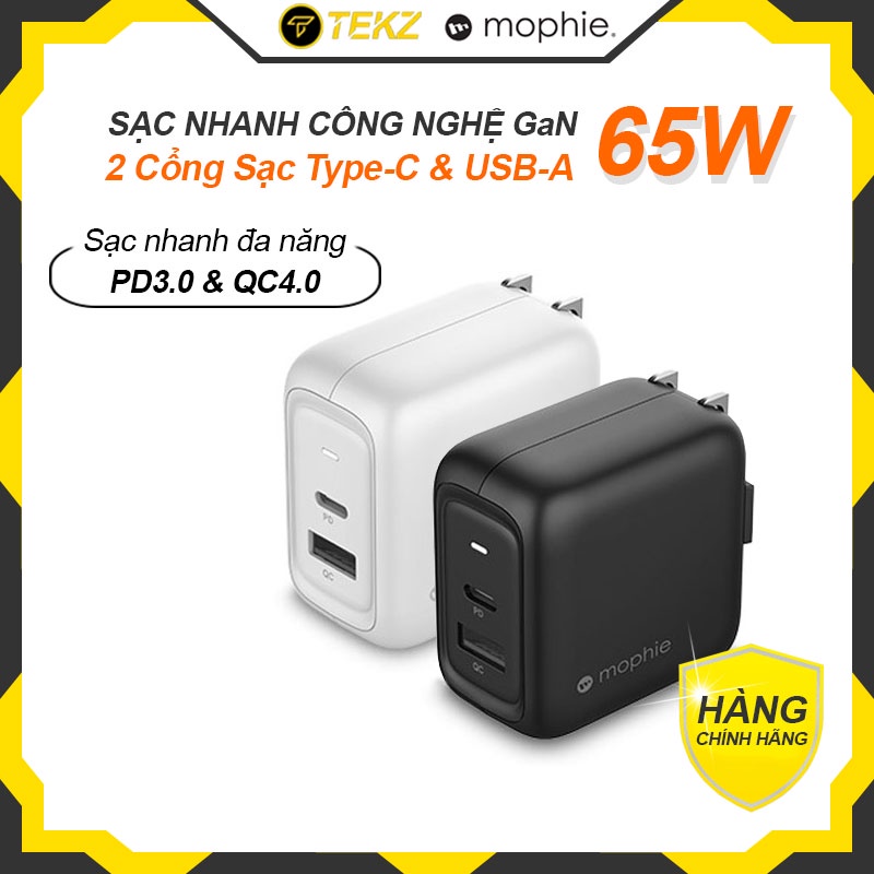 Củ Sạc Nhanh 65W GaN Charger MOPHIE Hỗ Trợ 2 Cổng Sạc Type C và USB A, Tương Thích PD3.0, QC4.0 Dùng Cho Apple, Android