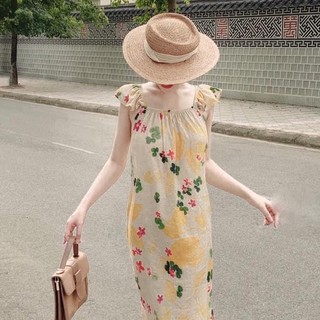 Váy maxi hoa vàng cánh tiên chất đũi tơ xinh xắn - HY06