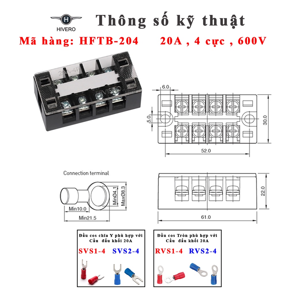 Domino khối 20A Hivero Hàn Quốc - Cầu đấu 20A dạng khối, HFTB-203 , HFTB-204 , HFTB-206  và đầu cos