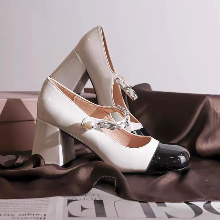 Giày cao gót 7 màu trắng đen quai ngọc mũi vuông phong cách Mary Jane 2022
