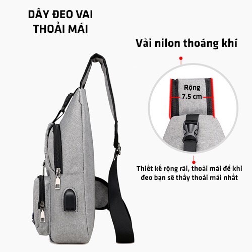 [Combo+ Tặng cáp nối 30cm ] Túi Đeo Chéo Nam Nữ có USB kết nối sạc, túi 3 ngăn riêng biệt tiện lợi