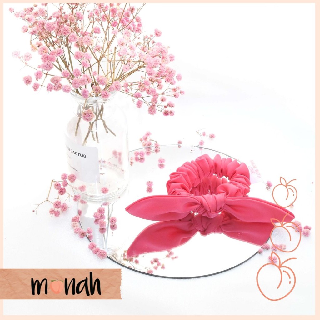 Dây cột tóc, buộc tóc scrunchie thắt nơ tai thỏ lụa hồng cao cấp