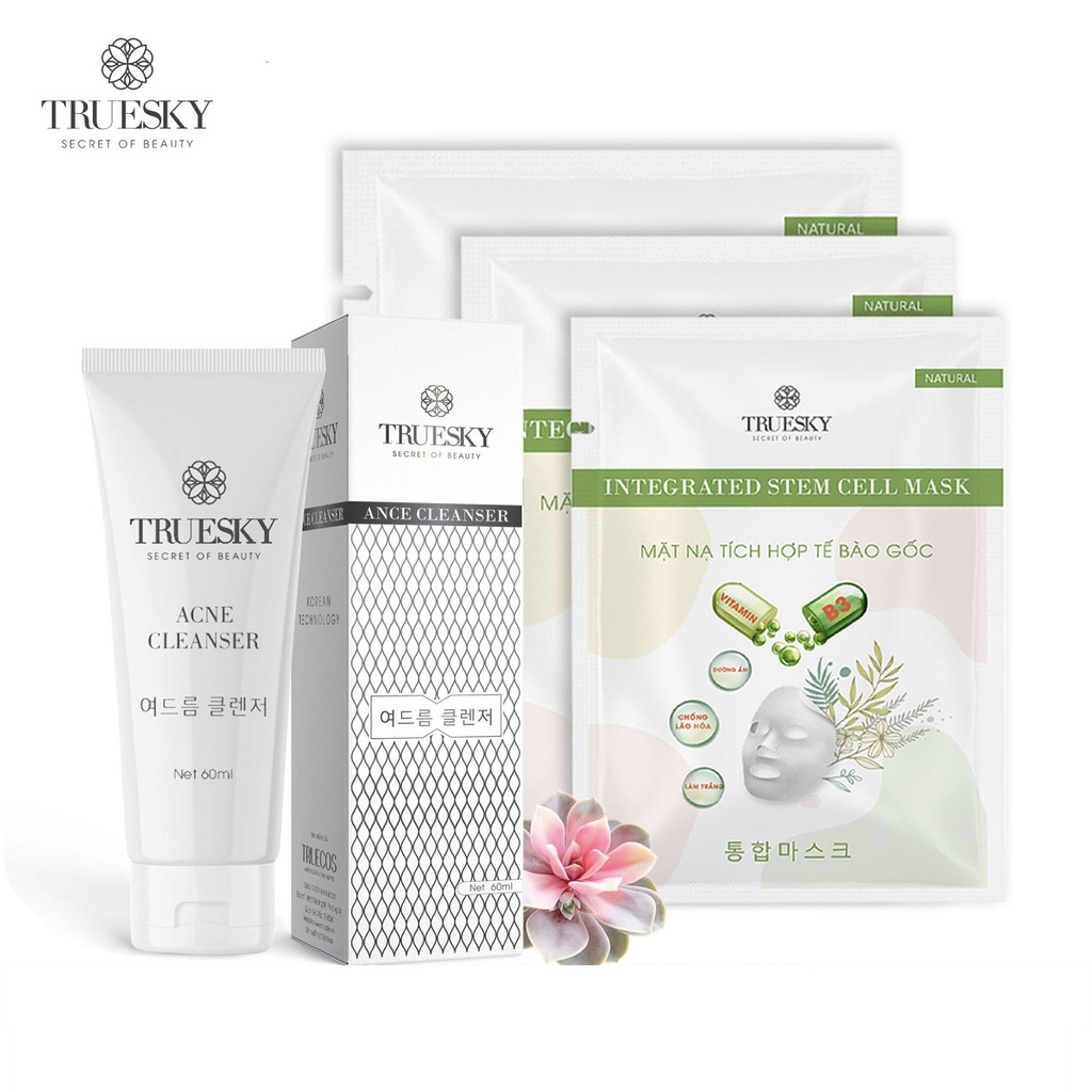 Bộ sản phẩm ngừa mụn trắng da mặt Truesky M04 gồm 1 sữa rửa mặt than hoạt tính 60ml + 3 miếng mặt nạ dưỡng da 25g/miếng