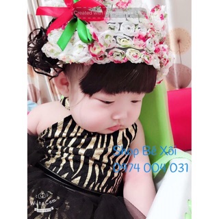 Băng đô tóc giả cho bé nhiều hoa hồng nơ xanh đỏ -kèm tóc mái - có ảnh thật