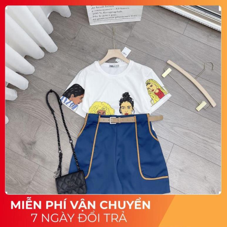 [ 𝐅𝐑𝐄𝐄 𝐒𝐇𝐈𝐏 ] SET ÁO HOẠT HÌNH CÔ GÁI TÓC VÀNG MIX SOOC ĐÙI XANH VIỀN