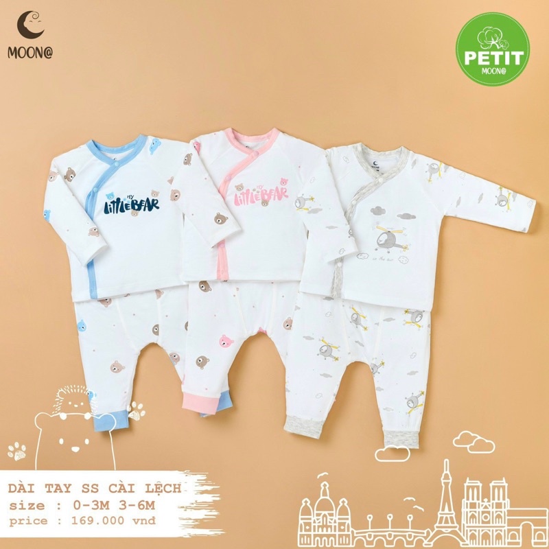 Moon - Bộ cài lệch dài tay vải Petit mềm mát cho bé trai, bé gái từ sơ sinh đến 6 tháng