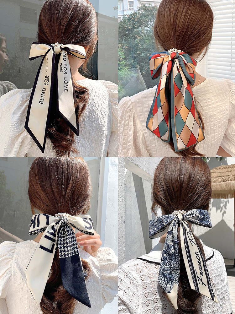 Dây buộc tóc scrunchies thắt nơ phối ngọc trai cho nữ