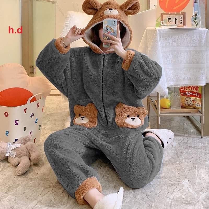 Bộ lông liền thân mũ túi gấu nâu HD6