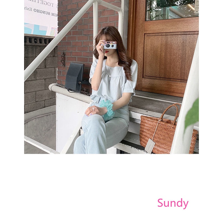 Áo sơ mi tay ngắn cổ vuông họa tiết sọc caro phong cách Hàn Quốc thời trang hè cho nữ