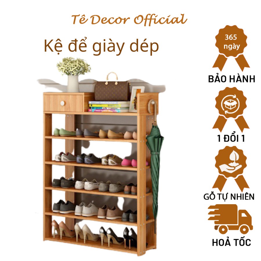 Kệ để giày dép bằng gỗ MDF 5 tầng Tee Decor - Kệ để giầy có ngăn kéo, móc treo đồ, thanh lịch, lắp ghép siêu dễ