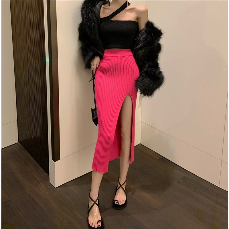 Cocory vn Chân Váy Dệt Kim Chữ A Lưng Cao Dáng Ôm Xẻ Tà Quyến Rũ Thời Trang Cho Nữ