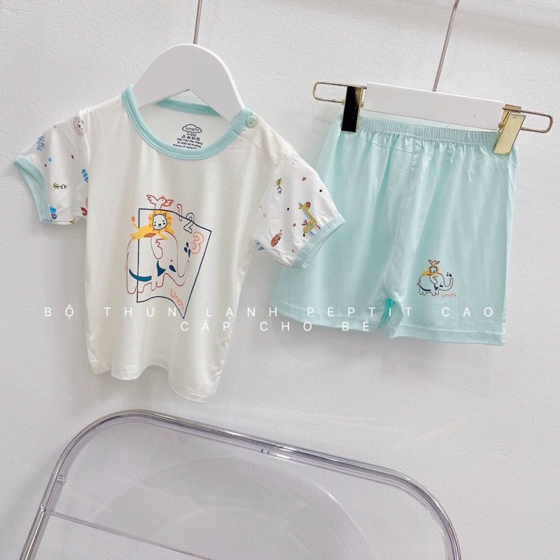 Bộ thun cộc tay bé trai, bé gái UNCHI Mom chất thun lạnh co giãn 4 chiều mát lạnh họa tiết hoạt hình size từ 5 đến 14kg