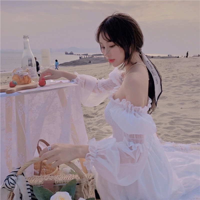 Váy trễ vai 🌸 Váy dài maxi ôm ngực bo chun điệu đà bánh bèo màu trắng voan tiểu thư style Ulzzang PHULA V03 | BigBuy360 - bigbuy360.vn